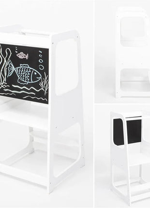 Montessori toranj, edukativna stolica sa crnom tablom i podesivom visinom, bijela, za djecu od 1-4 godine