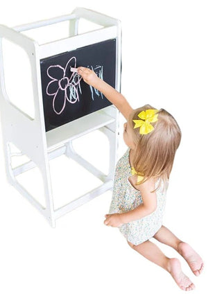 Montessori toranj, edukativna stolica sa crnom tablom i podesivom visinom, bijela, za djecu od 1-4 godine