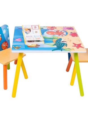 Dječiji drveni sto i stolice sa morskim životinjama – set za crtanje, igru, učenje i jelo