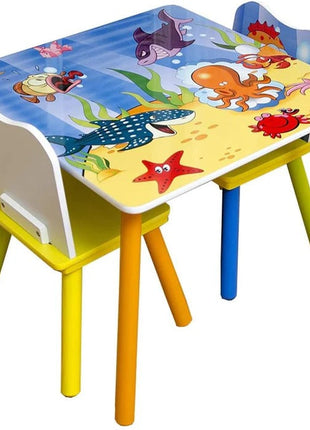 Dječiji drveni sto i stolice sa morskim životinjama – set za crtanje, igru, učenje i jelo