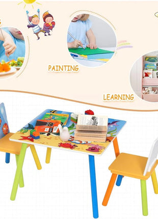 Dječiji drveni sto i stolice sa morskim životinjama – set za crtanje, igru, učenje i jelo