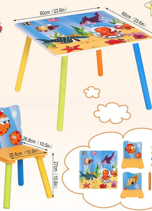 Dječiji drveni sto i stolice sa morskim životinjama – set za crtanje, igru, učenje i jelo