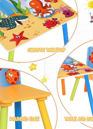 Dječiji drveni sto i stolice sa morskim životinjama – set za crtanje, igru, učenje i jelo