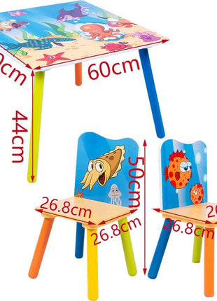 Dječiji drveni sto i stolice sa morskim životinjama – set za crtanje, igru, učenje i jelo