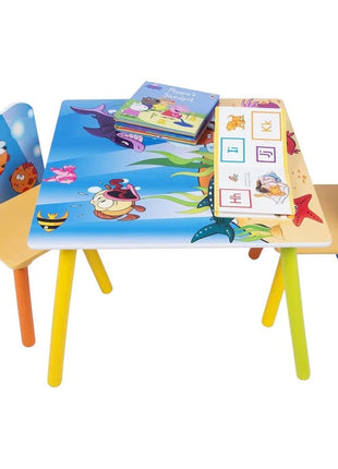 Dječiji drveni sto i stolice sa morskim životinjama – set za crtanje, igru, učenje i jelo