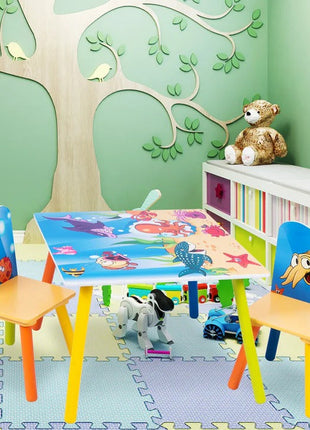 Dječiji drveni sto i stolice sa morskim životinjama – set za crtanje, igru, učenje i jelo