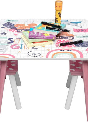 Dječiji sto sa stolicama, drvena garnitura - za učenje, igru, jelo, namještaj za dječiju sobu, bijelo i roze - SUPER DEVOJČICA