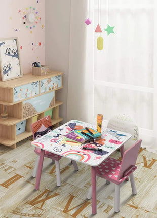 Dječiji sto sa stolicama, drvena garnitura - za učenje, igru, jelo, namještaj za dječiju sobu, bijelo i roze - SUPER DEVOJČICA