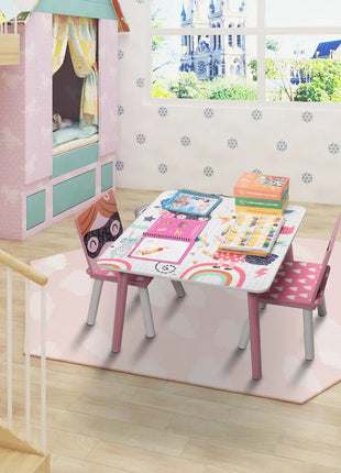 Dječiji sto sa stolicama, drvena garnitura - za učenje, igru, jelo, namještaj za dječiju sobu, bijelo i roze - SUPER DEVOJČICA