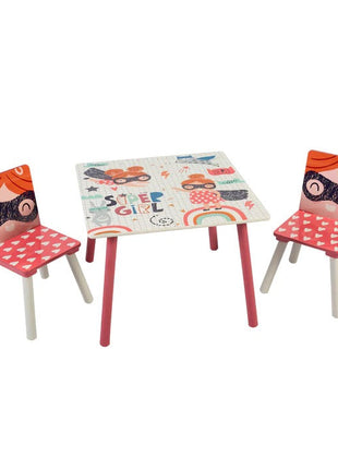 Dječiji sto sa stolicama, drvena garnitura - za učenje, igru, jelo, namještaj za dječiju sobu, bijelo i roze - SUPER DEVOJČICA