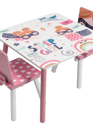 Dječiji sto sa stolicama, drvena garnitura - za učenje, igru, jelo, namještaj za dječiju sobu, bijelo i roze - SUPER DEVOJČICA