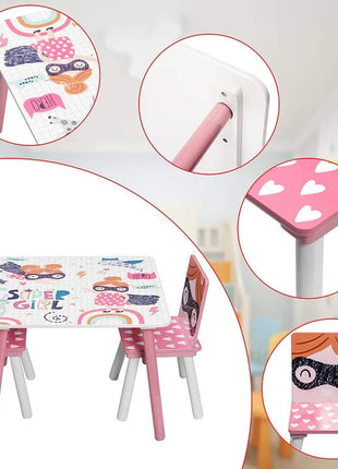 Dječiji sto sa stolicama, drvena garnitura - za učenje, igru, jelo, namještaj za dječiju sobu, bijelo i roze - SUPER DEVOJČICA