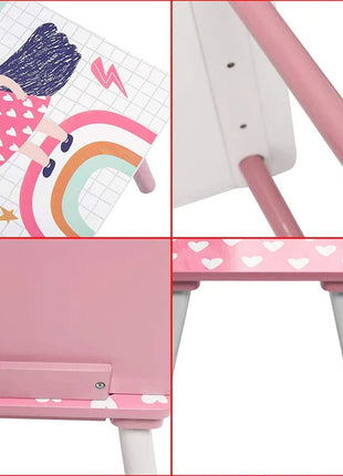 Dječiji sto sa stolicama, drvena garnitura - za učenje, igru, jelo, namještaj za dječiju sobu, bijelo i roze - SUPER DEVOJČICA