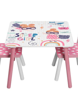 Dječiji sto sa stolicama, drvena garnitura - za učenje, igru, jelo, namještaj za dječiju sobu, bijelo i roze - SUPER DEVOJČICA