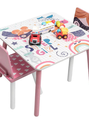 Dječiji sto sa stolicama, drvena garnitura - za učenje, igru, jelo, namještaj za dječiju sobu, bijelo i roze - SUPER DEVOJČICA