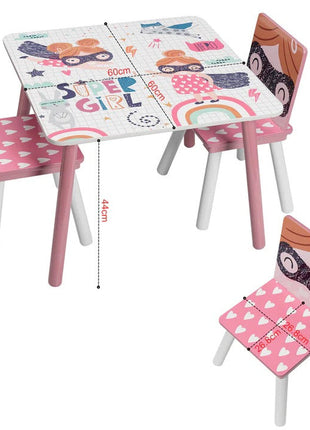 Dječiji sto sa stolicama, drvena garnitura - za učenje, igru, jelo, namještaj za dječiju sobu, bijelo i roze - SUPER DEVOJČICA