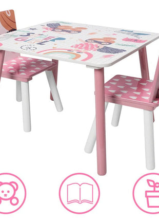 Dječiji sto sa stolicama, drvena garnitura - za učenje, igru, jelo, namještaj za dječiju sobu, bijelo i roze - SUPER DEVOJČICA