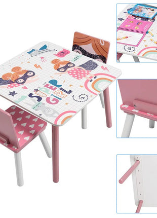 Dječiji sto sa stolicama, drvena garnitura - za učenje, igru, jelo, namještaj za dječiju sobu, bijelo i roze - SUPER DEVOJČICA