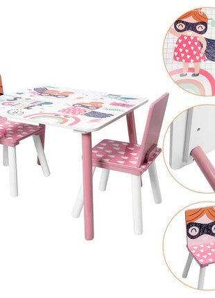 Dječiji sto sa stolicama, drvena garnitura - za učenje, igru, jelo, namještaj za dječiju sobu, bijelo i roze - SUPER DEVOJČICA