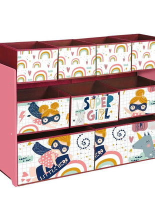 Organizator za igračke i knjige, dječija polica sa 9 tekstilnih korpi za odlaganje - SUPER DEVOJKA