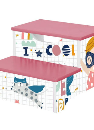 Dječija stolica, Drvena stepenica na 2 nivoa, Stepenice za dječiju sobu, roze, SUPER DJEVOJČICA