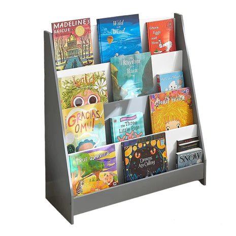 Stalak za dječije knjige i časopise, biblioteka sa policama, drveni presek - BIJELA/SIVA