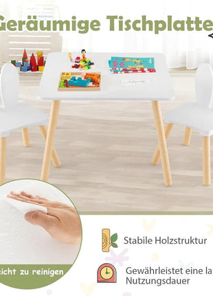 Dječiji drveni sto sa 2 stolice BUNNY, učenje, crtanje, igranje, set za jelo, za dječiju sobu, bijeli