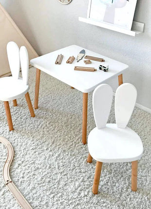 Dječiji drveni sto sa 2 stolice BUNNY, učenje, crtanje, igranje, set za jelo, za dječiju sobu, bijeli