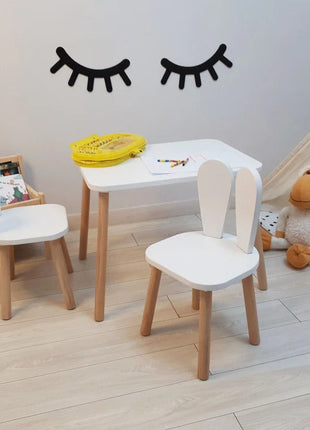 Dječiji drveni sto sa 2 stolice BUNNY, učenje, crtanje, igranje, set za jelo, za dječiju sobu, bijeli