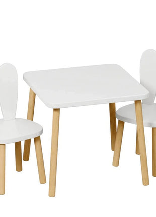 Dječiji drveni sto sa 2 stolice BUNNY, učenje, crtanje, igranje, set za jelo, za dječiju sobu, bijeli