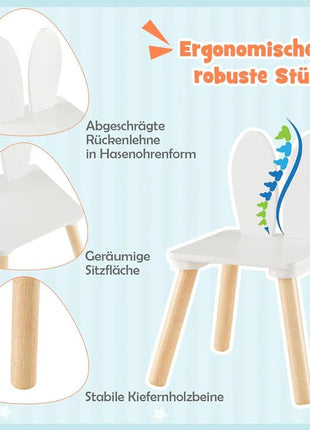 Dječiji drveni sto sa 2 stolice BUNNY, učenje, crtanje, igranje, set za jelo, za dječiju sobu, bijeli
