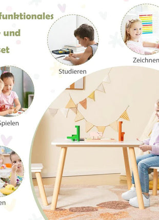 Dječiji drveni sto sa 2 stolice BUNNY, učenje, crtanje, igranje, set za jelo, za dječiju sobu, bijeli