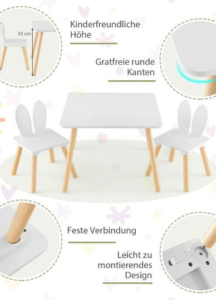 Dječiji drveni sto sa 2 stolice BUNNY, učenje, crtanje, igranje, set za jelo, za dječiju sobu, bijeli