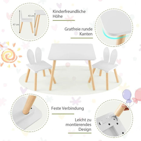 Dječiji drveni sto sa 2 stolice BUNNY, učenje, crtanje, igranje, set za jelo, za dječiju sobu, bijeli