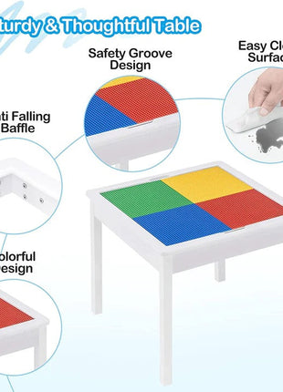 Dječiji sto sa 2 stolice, dvostrani, drveni set za učenje, crtanje, pisanje, slaganje konstruktora tipa LEGO - BIJELA/SIVA