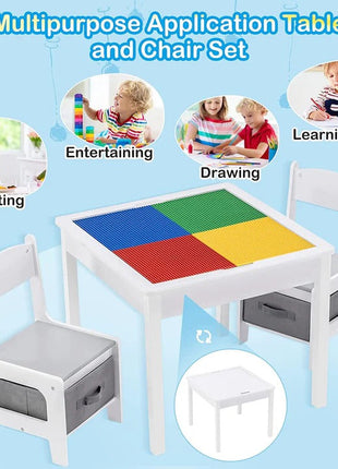 Dječiji sto sa 2 stolice, dvostrani, drveni set za učenje, crtanje, pisanje, slaganje konstruktora tipa LEGO - BIJELA/SIVA