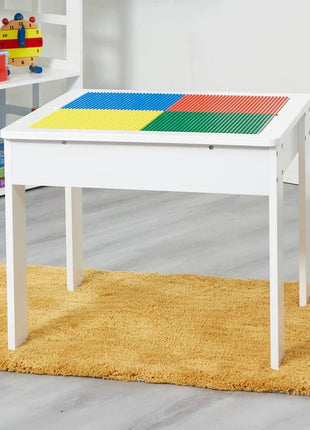 Dječiji sto sa 2 stolice, dvostrani, drveni set za učenje, crtanje, pisanje, slaganje konstruktora tipa LEGO - BIJELA/SIVA