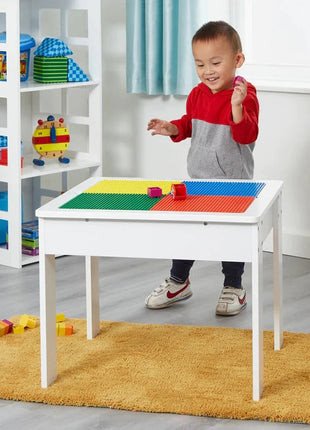 Dječiji sto sa 2 stolice, dvostrani, drveni set za učenje, crtanje, pisanje, slaganje konstruktora tipa LEGO - BIJELA/SIVA