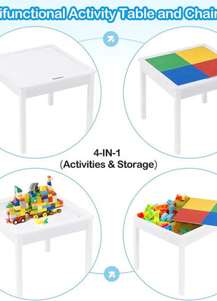 Dječiji sto sa 2 stolice, dvostrani, drveni set za učenje, crtanje, pisanje, slaganje konstruktora tipa LEGO - BIJELA/SIVA