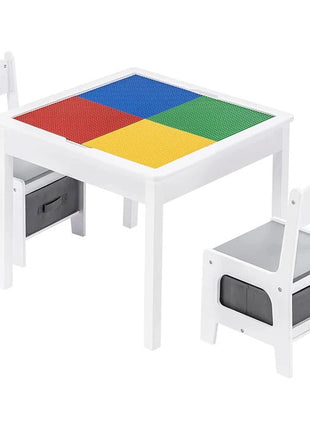 Dječiji sto sa 2 stolice, dvostrani, drveni set za učenje, crtanje, pisanje, slaganje konstruktora tipa LEGO - BIJELA/SIVA