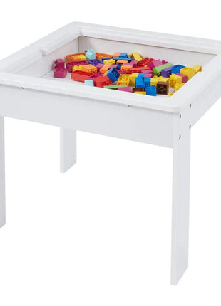 Dječiji sto sa 2 stolice, dvostrani, drveni set za učenje, crtanje, pisanje, slaganje konstruktora tipa LEGO - BIJELA/SIVA