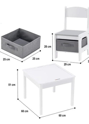 Dječiji sto sa 2 stolice, dvostrani, drveni set za učenje, crtanje, pisanje, slaganje konstruktora tipa LEGO - BIJELA/SIVA