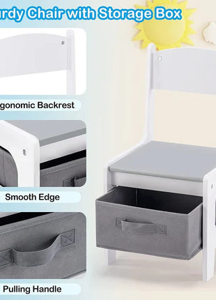 Dječiji sto sa 2 stolice, dvostrani, drveni set za učenje, crtanje, pisanje, slaganje konstruktora tipa LEGO - BIJELA/SIVA