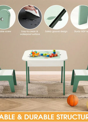 Dječiji sto sa stolicama 4 u 1, 2 vrha, tabla i vrh za slaganje LEGO konstruktora, šuma