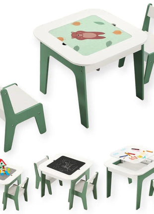 Dječiji sto sa stolicama 4 u 1, 2 vrha, tabla i vrh za slaganje LEGO konstruktora, šuma