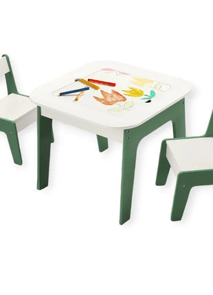 Dječiji sto sa stolicama 4 u 1, 2 vrha, tabla i vrh za slaganje LEGO konstruktora, šuma