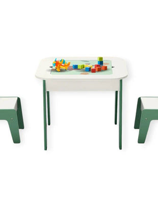 Dječiji sto sa stolicama 4 u 1, 2 vrha, tabla i vrh za slaganje LEGO konstruktora, šuma