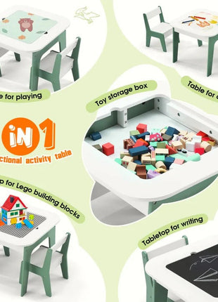 Dječiji sto sa stolicama 4 u 1, 2 vrha, tabla i vrh za slaganje LEGO konstruktora, šuma