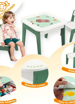Dječiji sto sa stolicama 4 u 1, 2 vrha, tabla i vrh za slaganje LEGO konstruktora, šuma