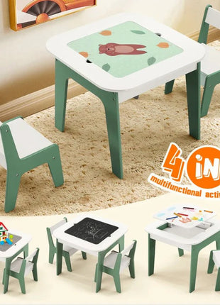 Dječiji sto sa stolicama 4 u 1, 2 vrha, tabla i vrh za slaganje LEGO konstruktora, šuma